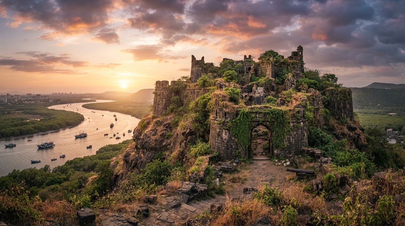 A historic Portuguese-era stone fort ruin on a hill overlooking a river estuary near Thane, Maharashtra, with weathered walls and arched gateways at golden hour.