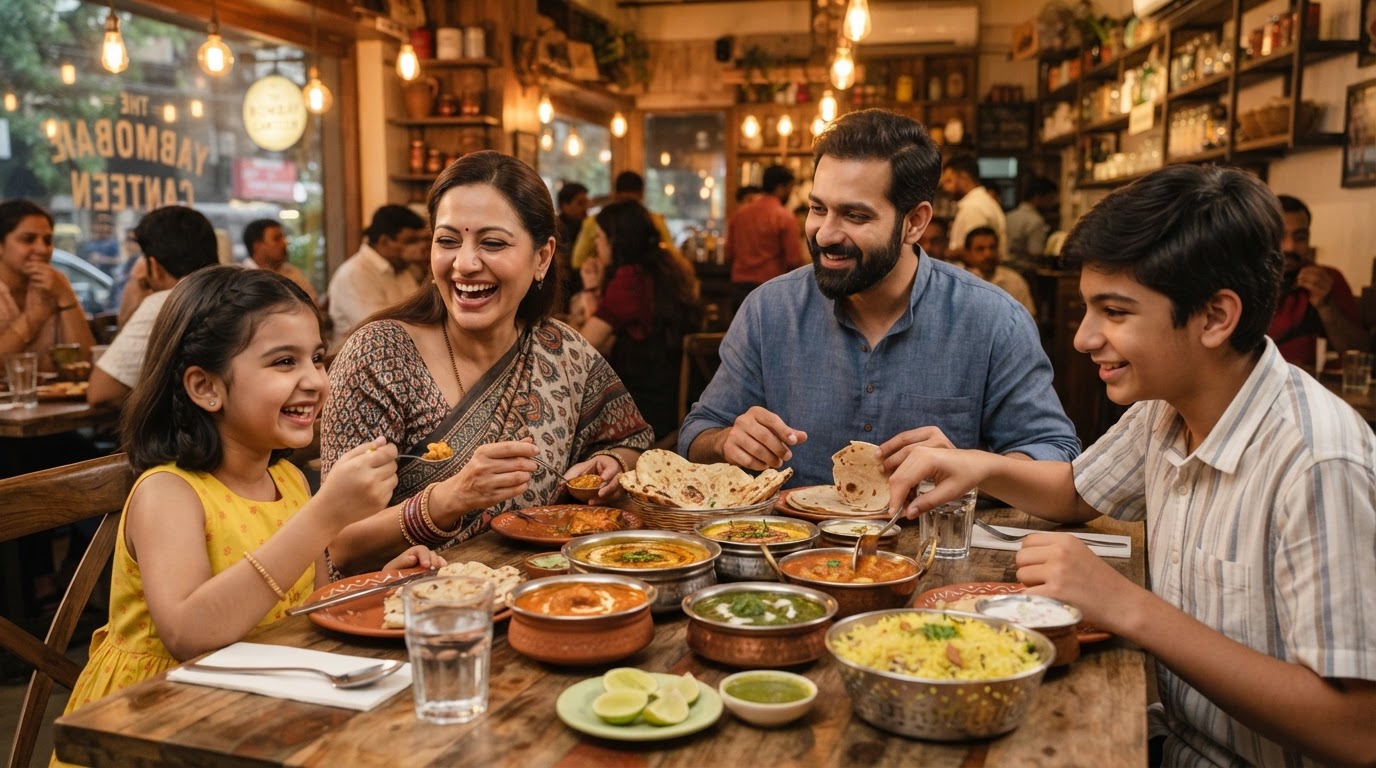 A happy Indian family of four sharing a meal together at a comfortable restaurant table in a Mumbai suburb, with colorful dishes and warm lighting.