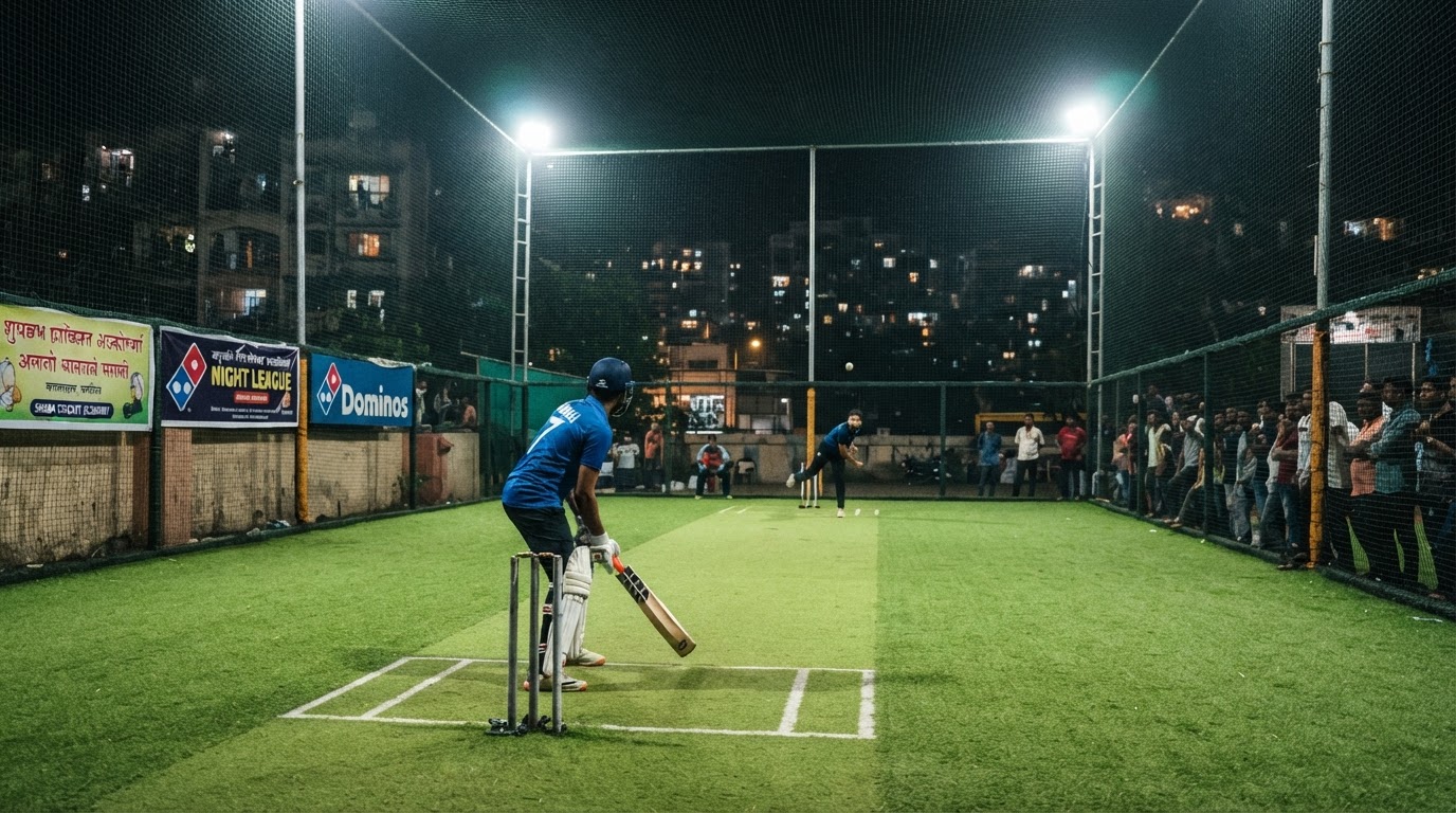 An artificial turf cricket pitch at night under bright floodlights — green synthetic turf, a batsman ready to face, boundary nets, a box-cricket setup in a Mumbai suburb sports facility.