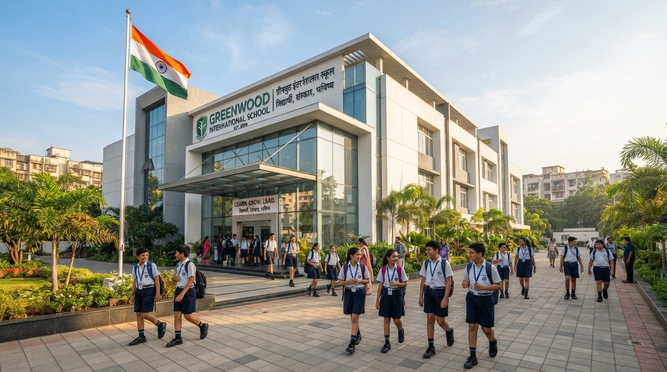 A bright modern school building in a Mumbai suburb with students in uniform walking out the entrance in morning light.