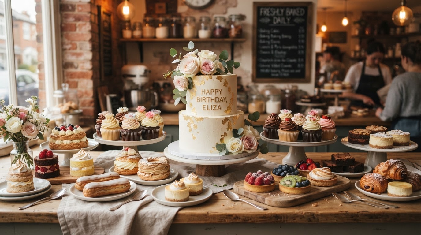 A beautiful display of assorted cakes, pastries and desserts from a local bakery — a decorated birthday cake, cupcakes and cream pastries on a clean counter with warm lighting.