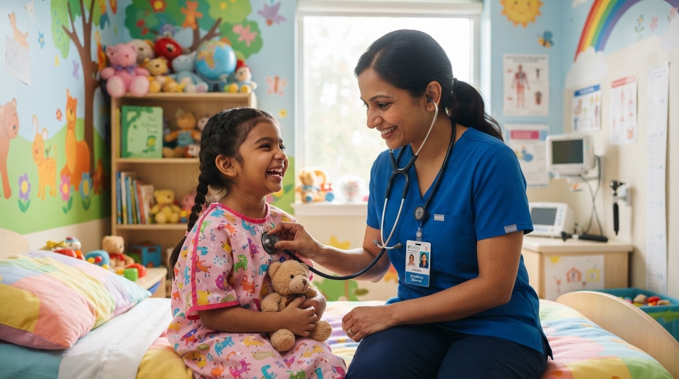 A pediatrician examining a smiling Indian child with a stethoscope in a bright cheerful children's hospital room with colorful walls and toys, warm caring atmosphere.