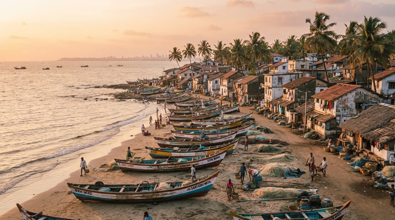 A coastal Indian fishing village near Mumbai with traditional wooden boats on a sandy shore, palm trees, small houses, and the Arabian Sea in the background at golden hour.