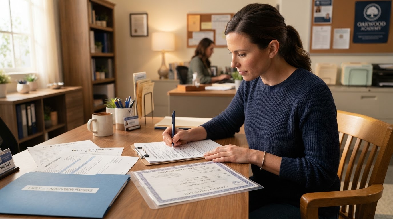 A parent filling out a school admission form at a desk with documents, birth certificate, and a pen, organized paperwork, warm professional lighting.