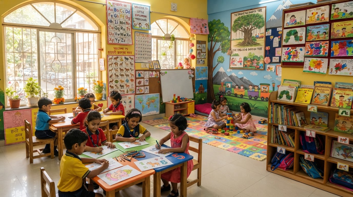A cheerful, colourful preschool classroom — small wooden chairs and tables, bright learning posters, a bookshelf with storybooks, natural daylight from large windows, a play mat area.