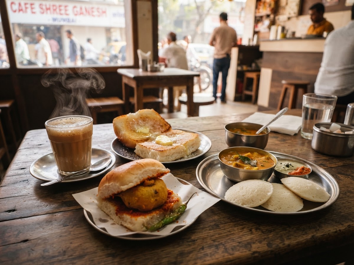 A warm Indian breakfast spread at a Mumbai suburb café — steaming chai in a glass cup, bun maska with butter, crispy vada pav, idli with chutney and sambar on a wooden table in bright morning light.