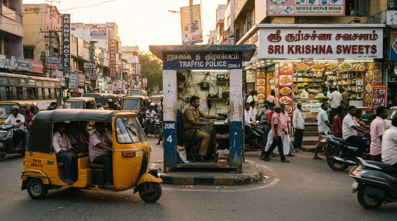 A small traffic police control booth on a busy suburban Indian street corner near a sweet shop, with auto-rickshaws and traffic at golden hour.