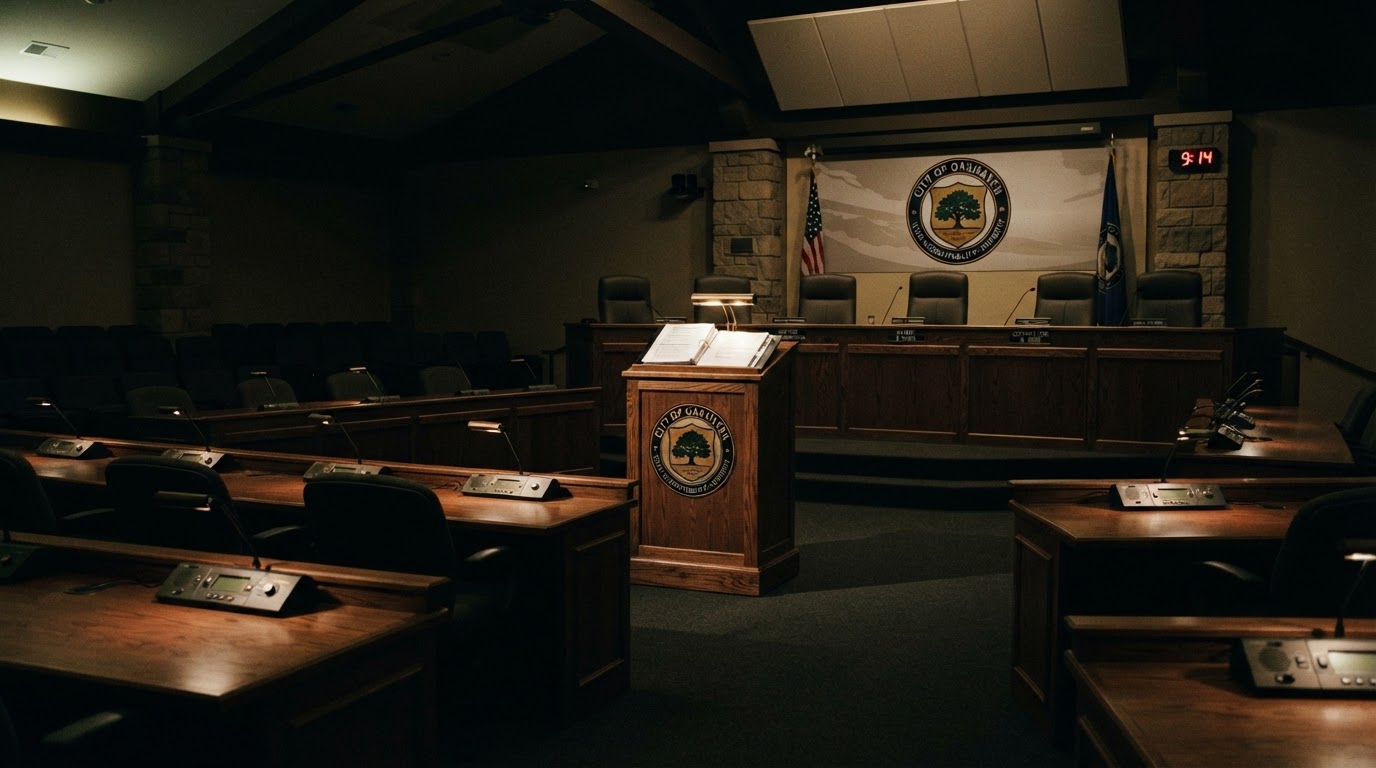 An empty municipal corporation meeting hall with rows of desks, microphones and empty chairs under dramatic low-key lighting, symbolising civic accountability.