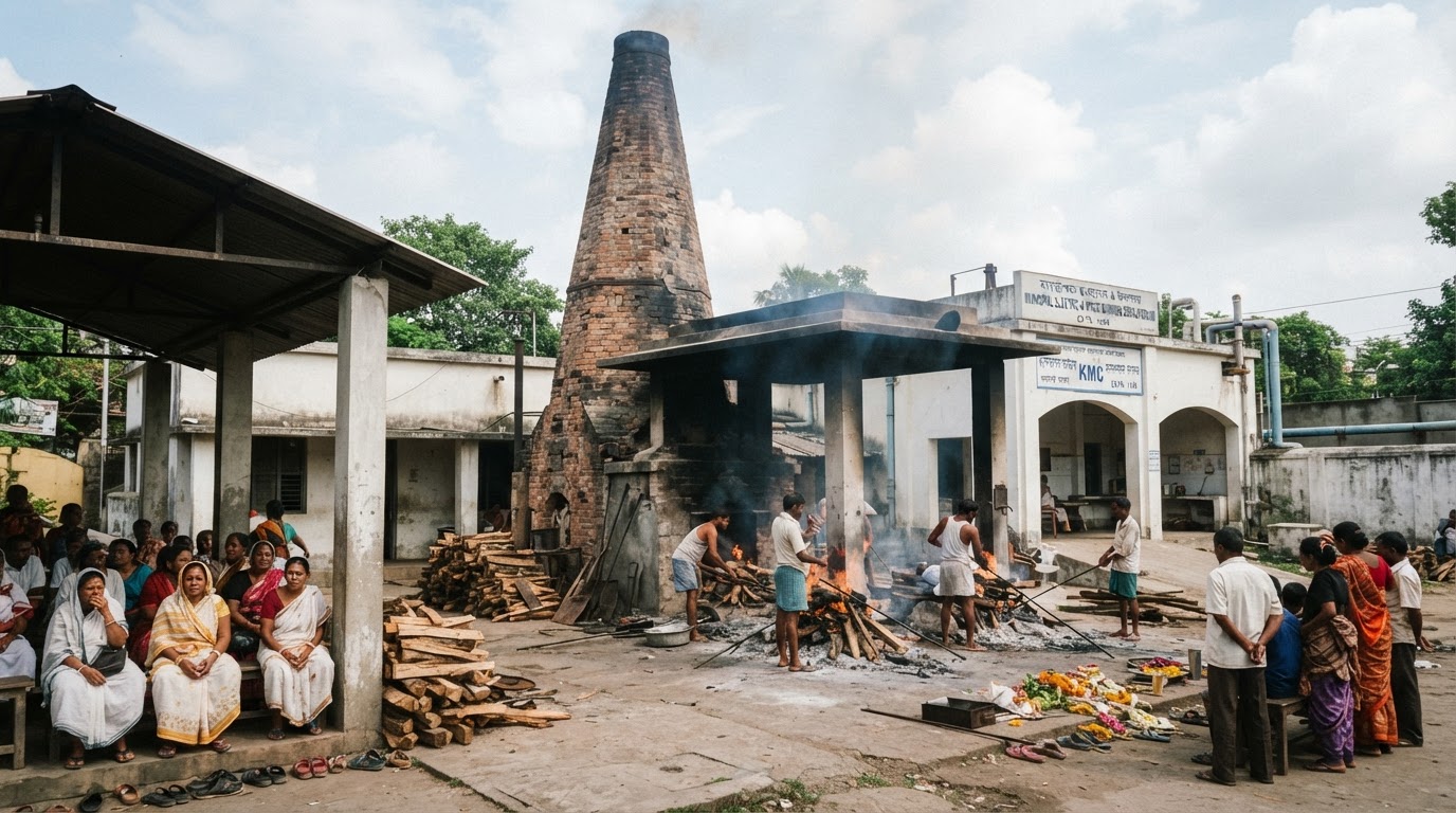 A municipal crematorium in India with a brick chimney structure.