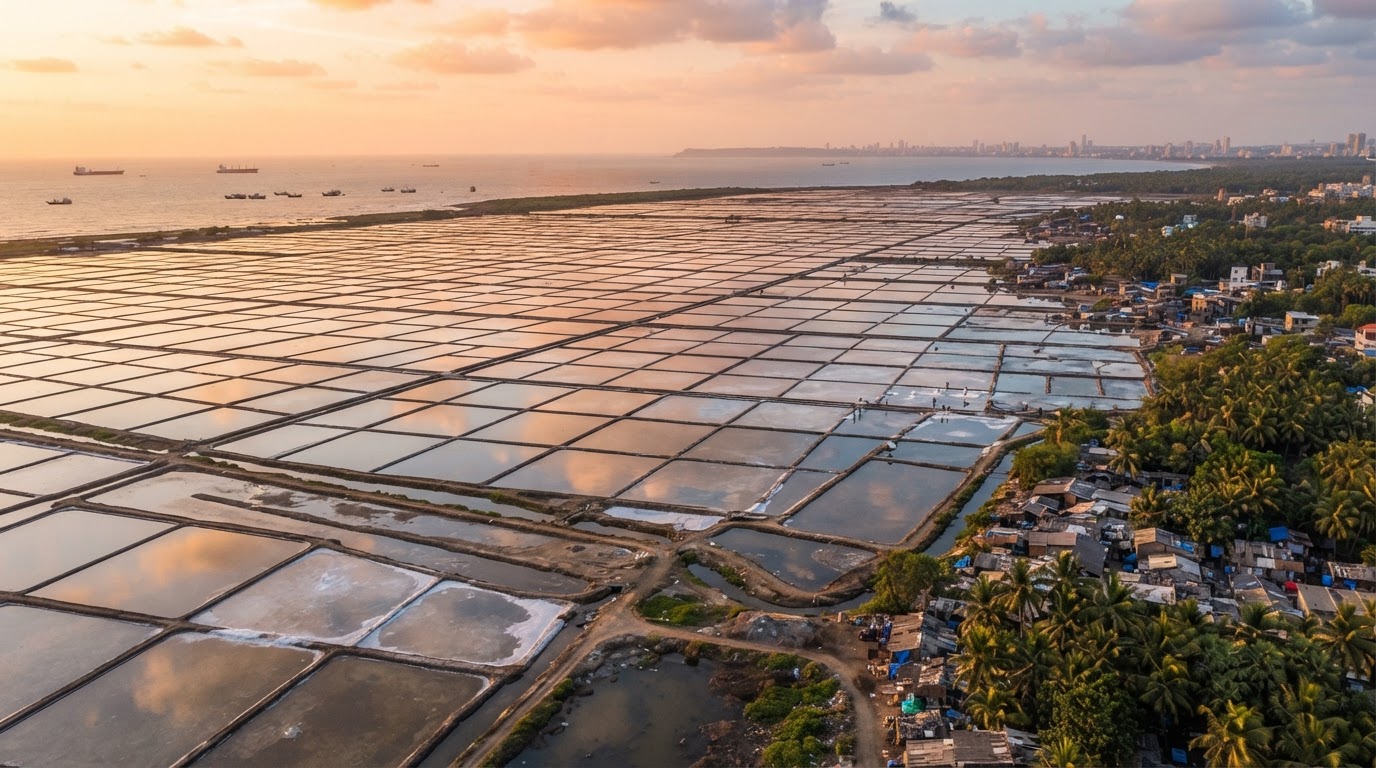 A vast landscape of geometric salt pans near the coast in the Mumbai region, with shallow rectangular evaporation ponds reflecting the sky, distant village settlements and palm trees at golden hour.