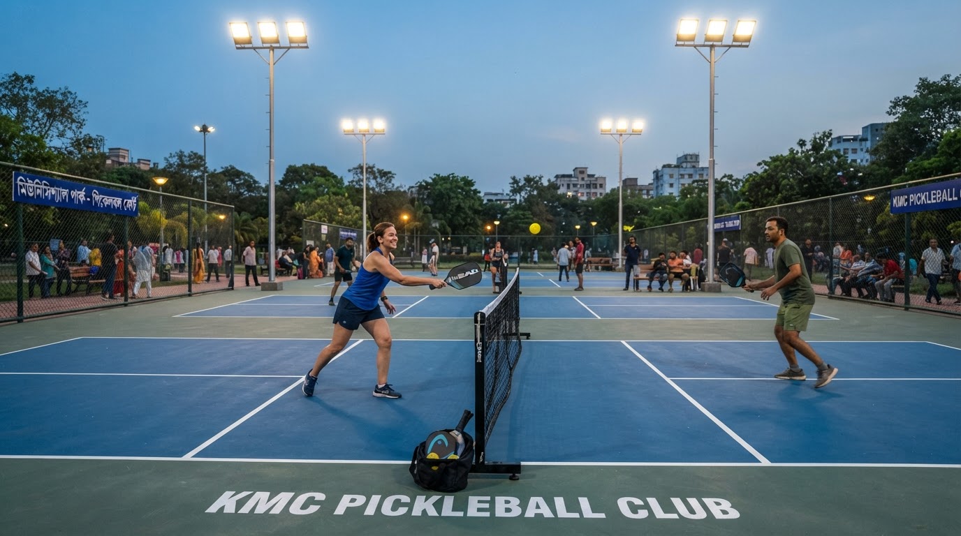A pickleball court with a net, paddles and a perforated ball on a clean outdoor surface, community sports facility.