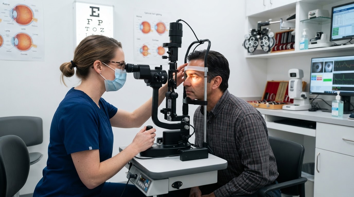 An ophthalmologist using a slit lamp to examine a patient's eye in a modern eye clinic with optical equipment, eye charts and charts on the wall, clean professional setting.