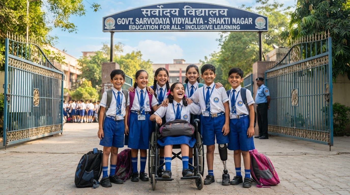 A diverse group of Indian schoolchildren in uniform smiling outside a school gate, representing inclusive education and equal opportunity, bright morning light.
