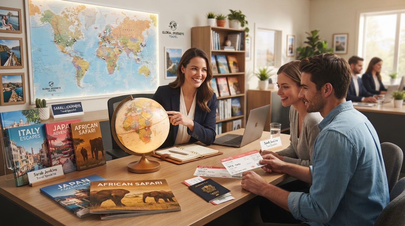 A travel planning desk with holiday brochures, a desktop globe, flight tickets, a passport and a large world map on the wall, warm office lighting, a tidy professional travel agency setting.