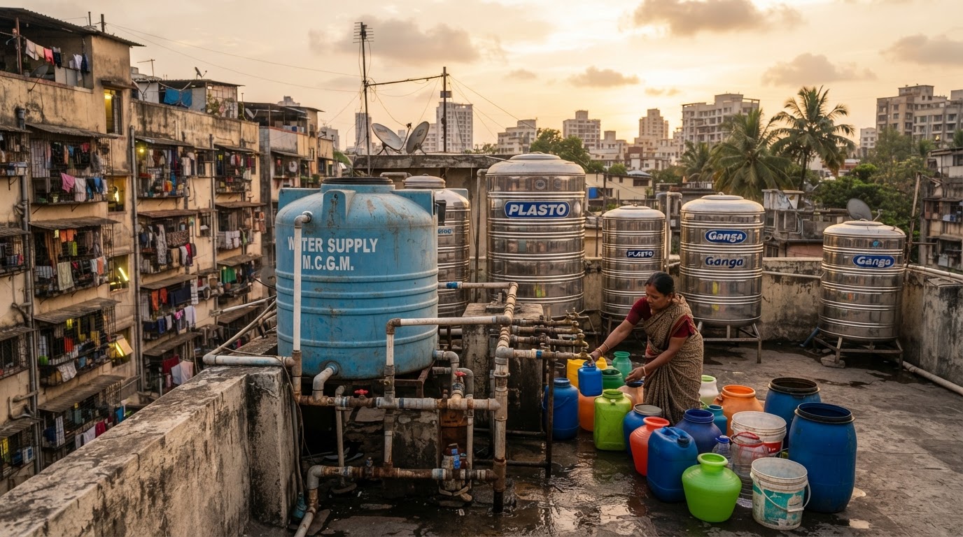 Stainless steel water storage tanks on an apartment rooftop in a Mumbai suburb at golden hour, a partially filled blue overhead tank and water taps, civic water-supply infrastructure.