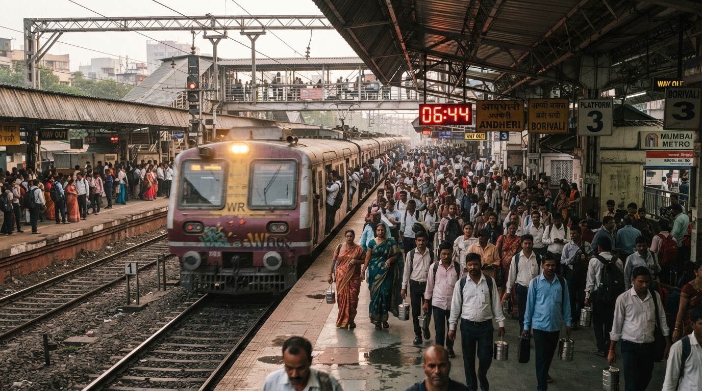 A Mumbai suburb railway station platform in early morning light with commuters and a train arriving.