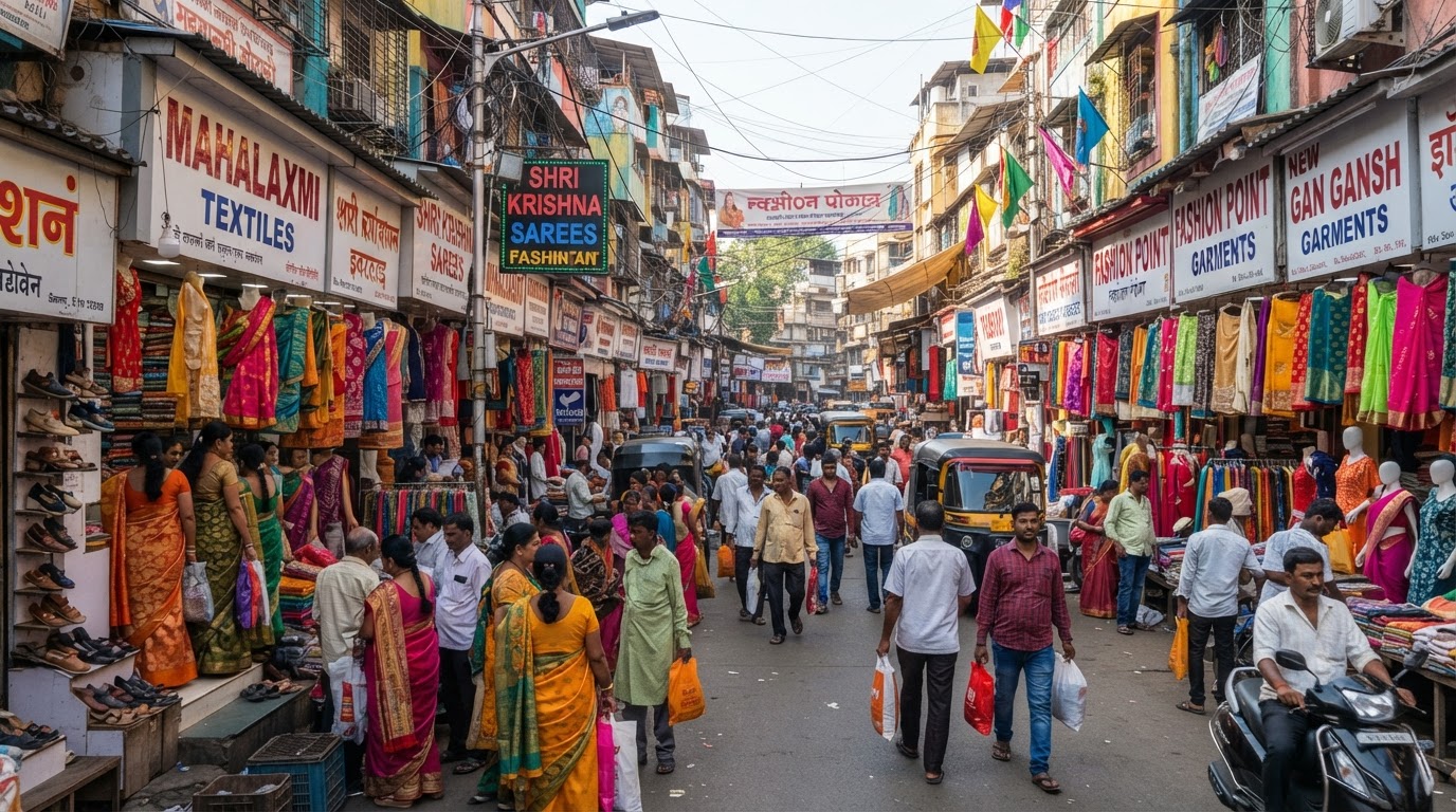 A vibrant local shopping market street in a Mumbai suburb with clothing stores, retail shops, colorful signage, shoppers browsing, daytime.