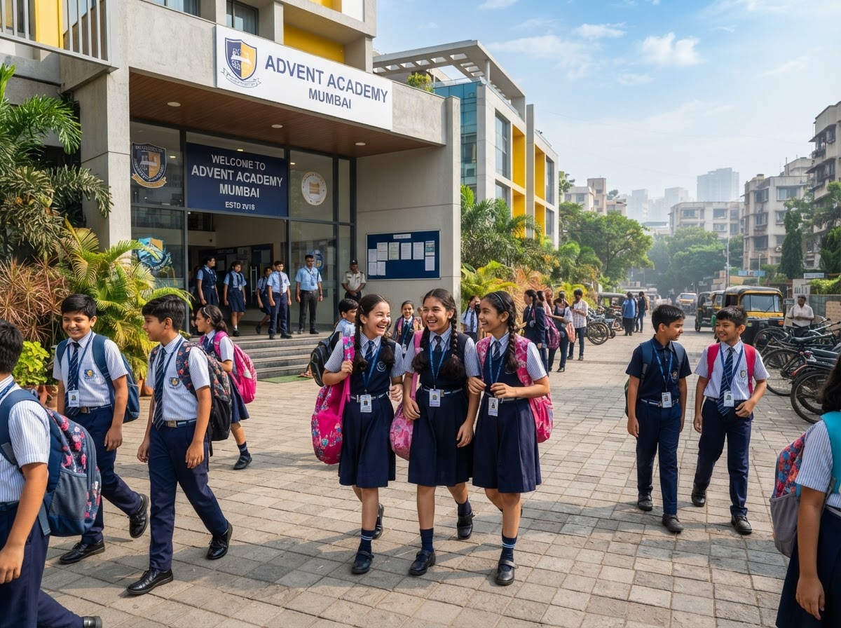Students in school uniforms walking out of a bright modern school building in a Mumbai suburb in morning light.
