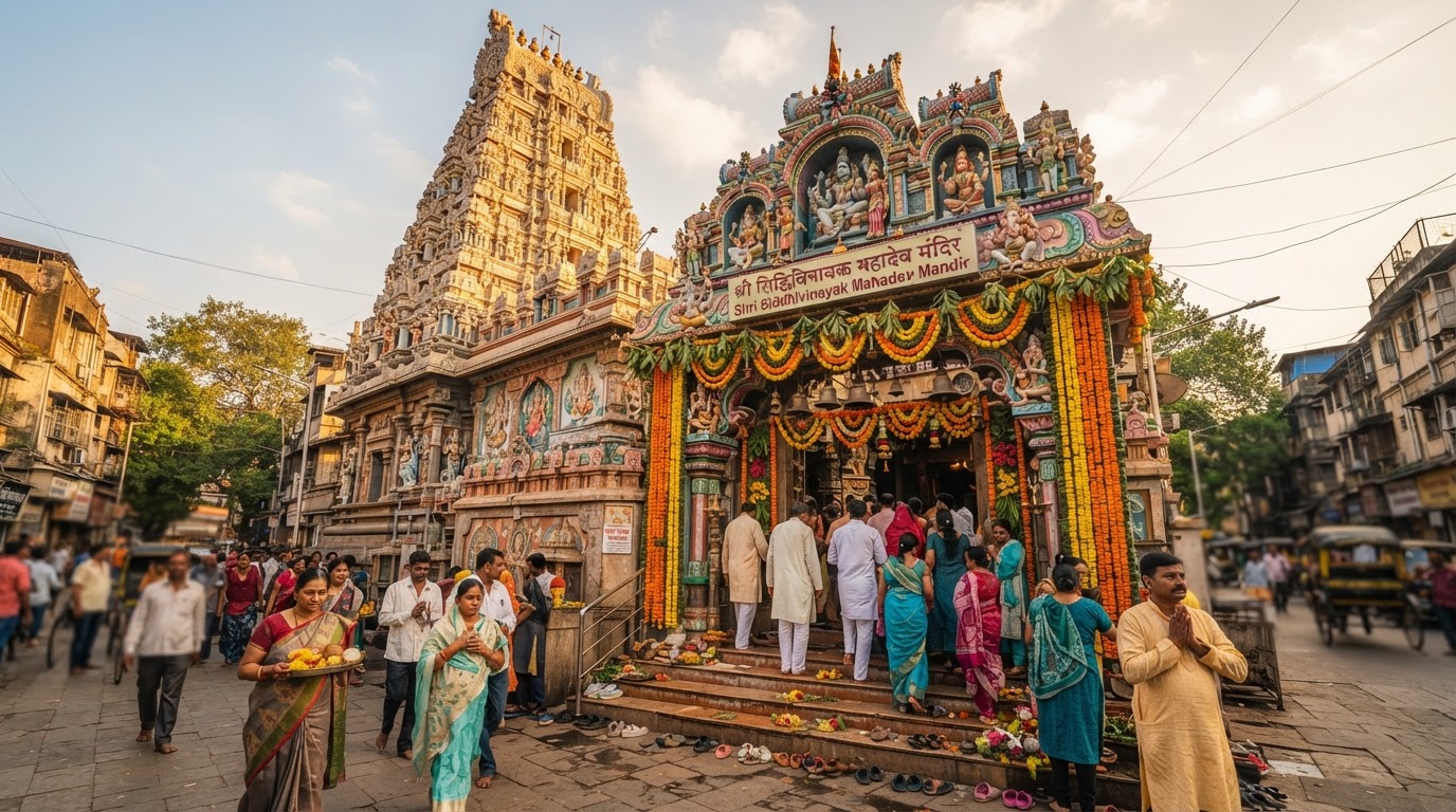 A beautiful Indian temple with intricate carvings and a colorful entrance archway in a Mumbai suburb, with marigold flowers and devotees.
