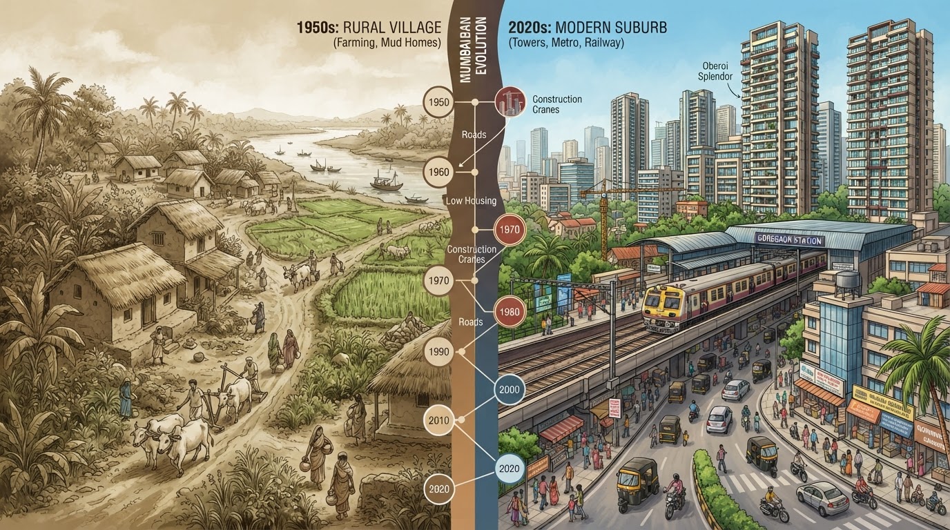 A split timeline composition showing the transformation of a Mumbai suburb — left side an old rural village in sepia tones, right side a modern residential suburb with apartment towers and a railway station in full color, connected by a timeline ribbon.