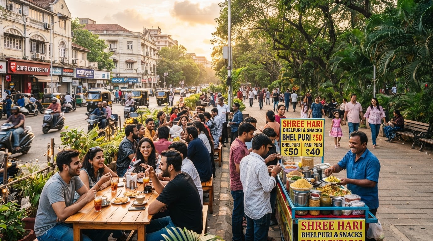 A lively weekend scene in a Mumbai suburb — people walking in a park, a street food vendor, and a café terrace with friends.