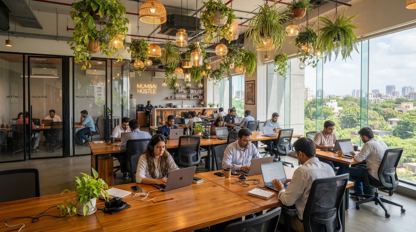 A bright modern coworking space in a Mumbai suburb — shared wooden desks with laptops, ergonomic chairs, hanging plants, warm pendant lighting, people working quietly, glass partitions.