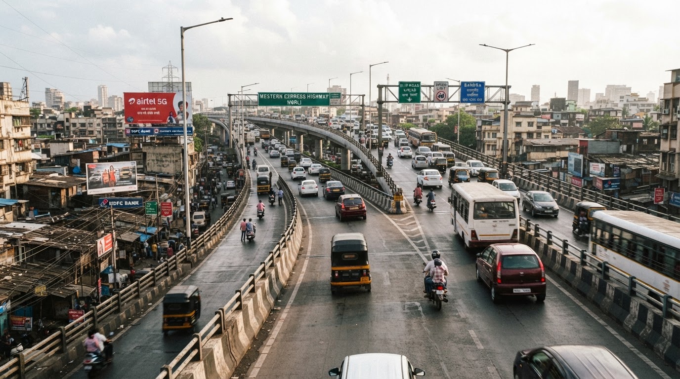 A busy urban flyover highway in India with traffic and multiple lanes narrowing.