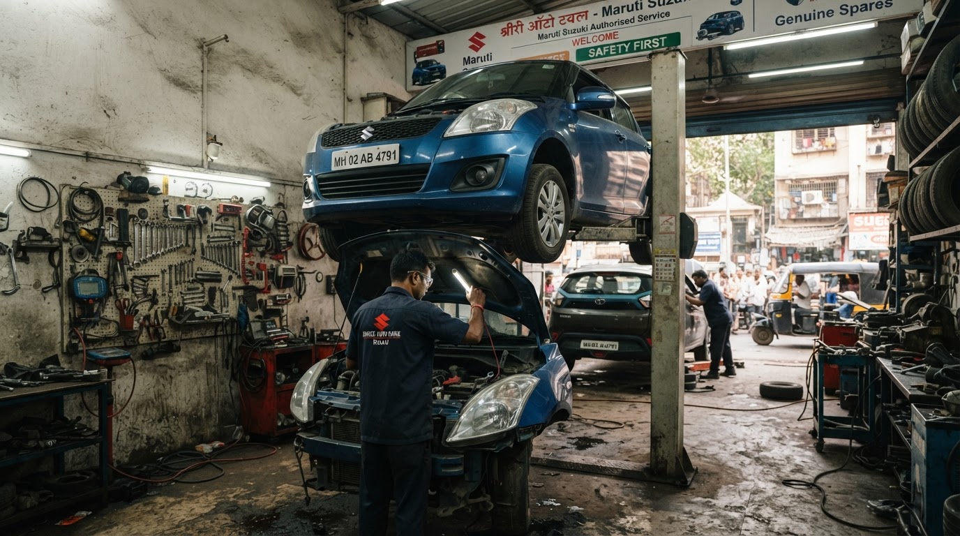 A car service garage interior in a Mumbai suburb — a car on a hydraulic lift, tools on the wall, mechanic inspecting engine, professional auto repair workshop.
