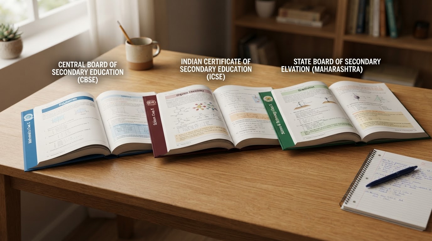 Three open textbooks labeled CBSE, ICSE and State Board on a clean wooden desk with a pen and notebook, soft natural light.