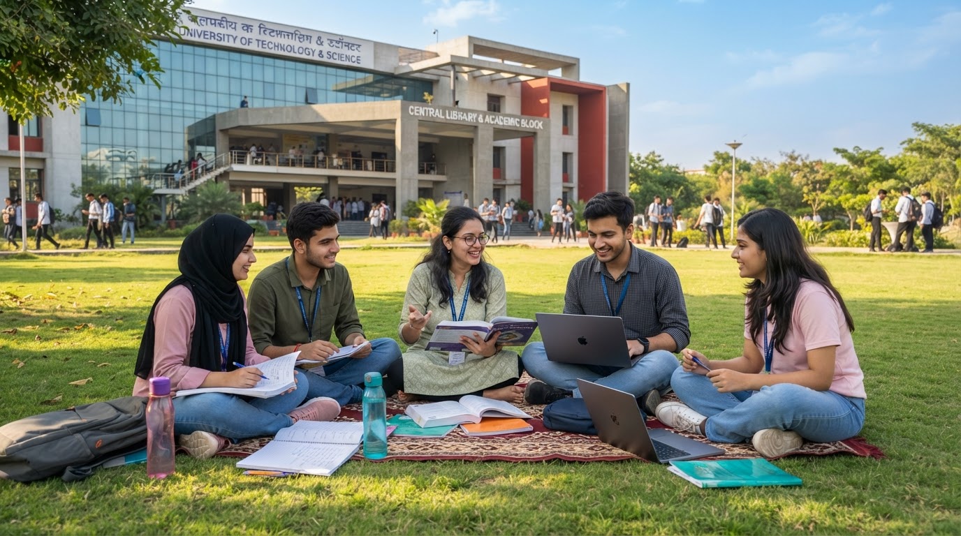 A university campus scene with Indian degree college students studying together on a lawn with books and laptops, a modern academic building behind them.