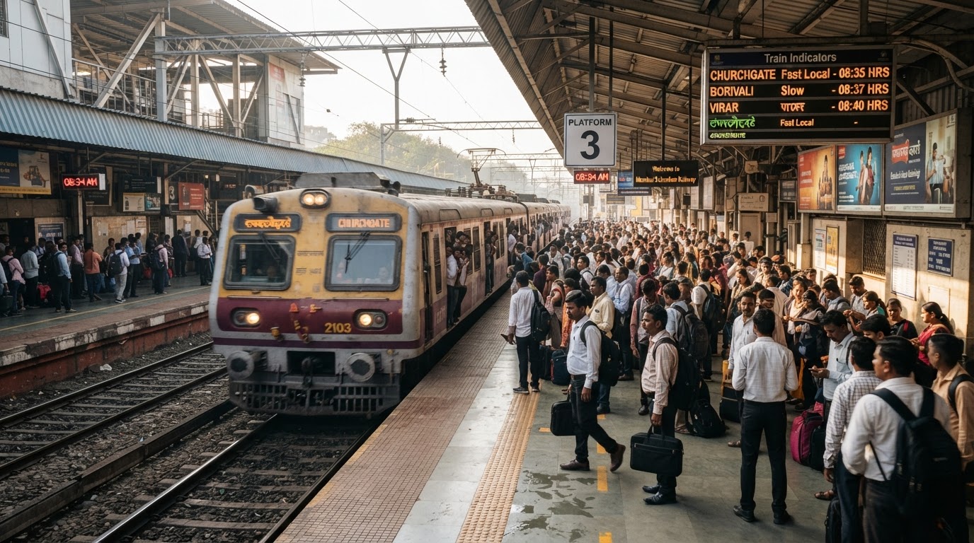 A Mumbai suburban local train arriving at a clean station platform with commuters, timetable board, morning light, representing daily commute.