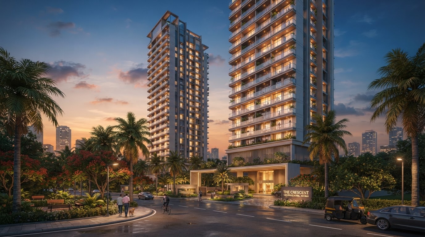 A modern residential apartment tower complex in a Mumbai suburb at golden hour with glass balconies and palm trees.