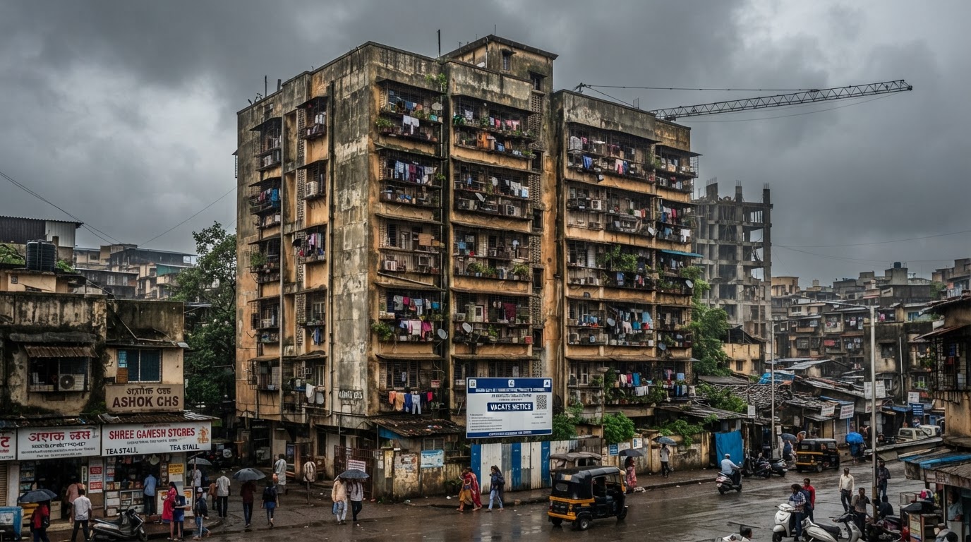 An older residential building slated for redevelopment in a Mumbai suburb, representing housing-society redevelopment in Mira Road.