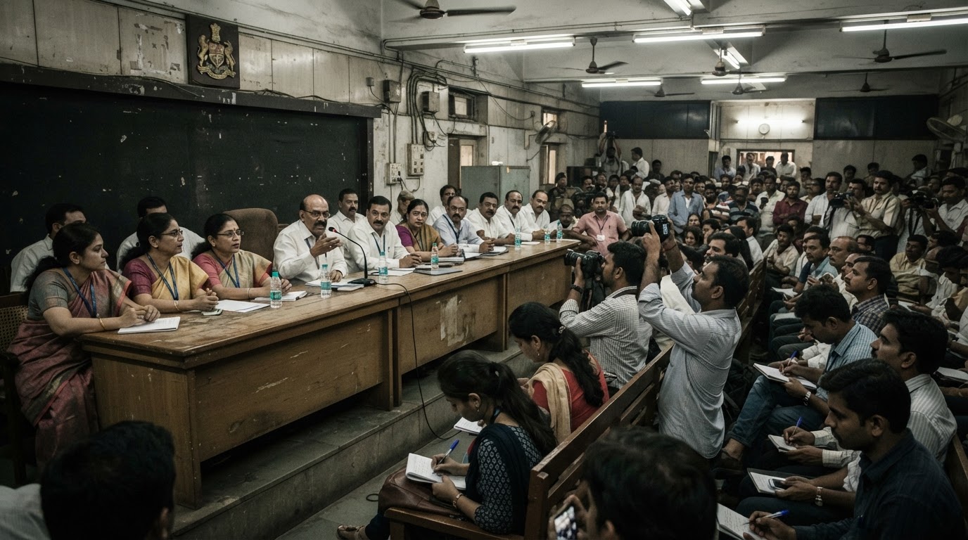 A civic municipal corporation meeting hall in a Mumbai suburb, officials at a long table with journalists and activists in the gallery.