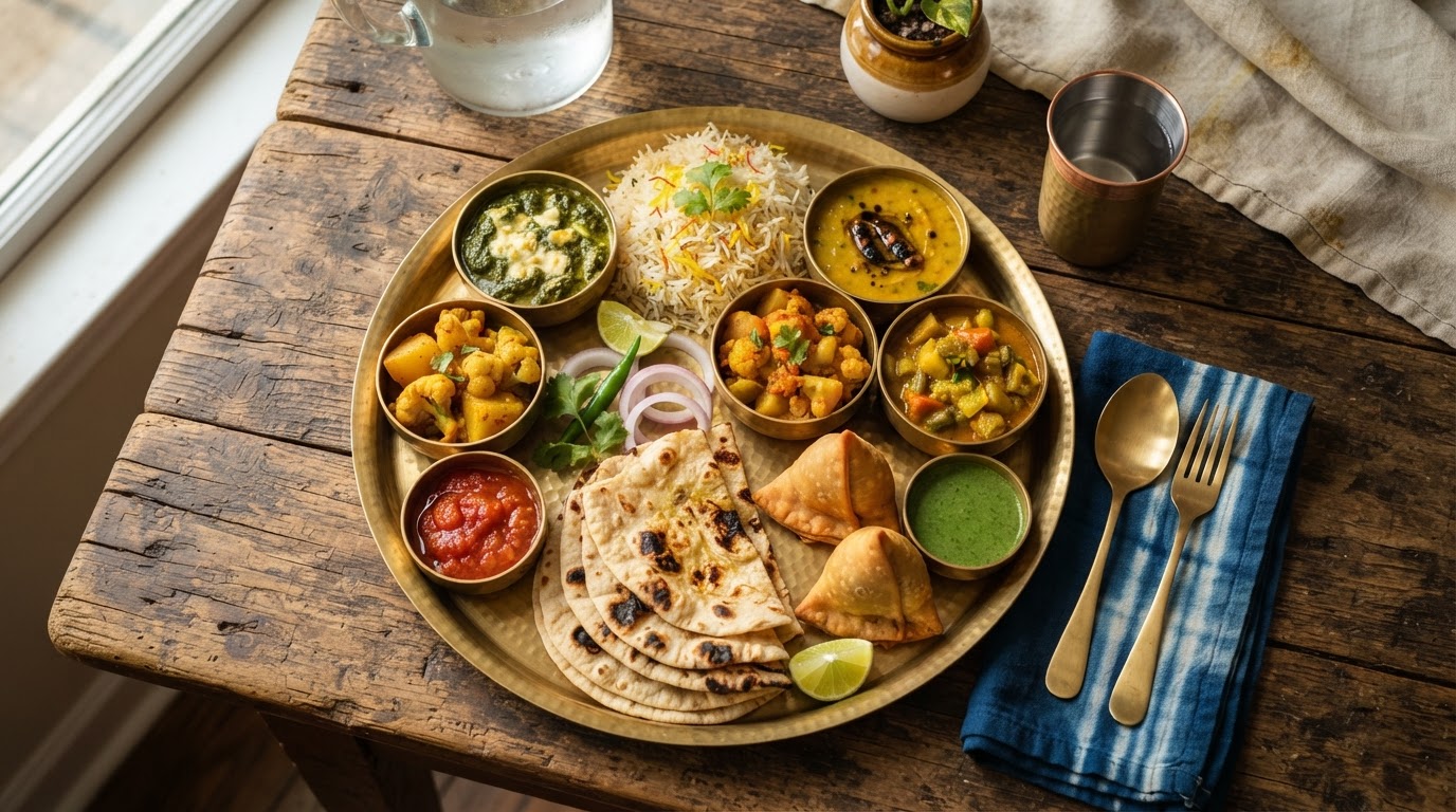 An overhead view of an authentic Indian thali on a brass plate — curries, rice, roti and chutneys on a rustic wooden table.