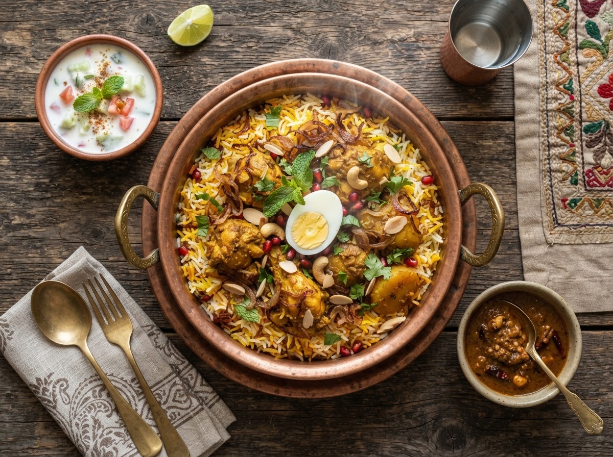 An overhead view of an authentic Indian Mughlai biryani in a traditional copper handi pot — fragrant basmati rice layered with spiced chicken, fried onions, saffron, mint leaves and boiled egg, with side dishes of raita and salan on a rustic wooden table.