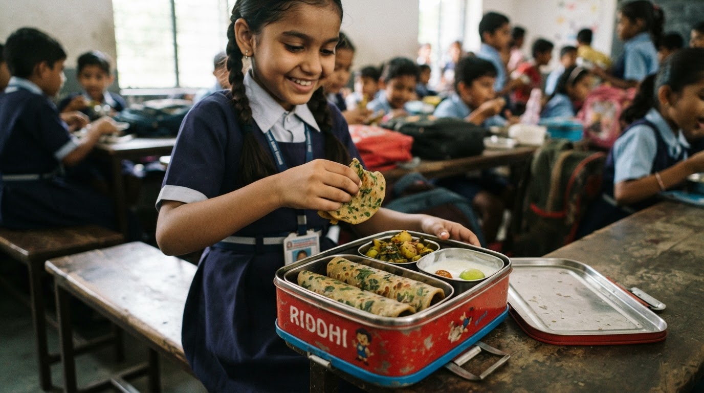 A school lunchbox with Indian food containers and fenugreek leaves.