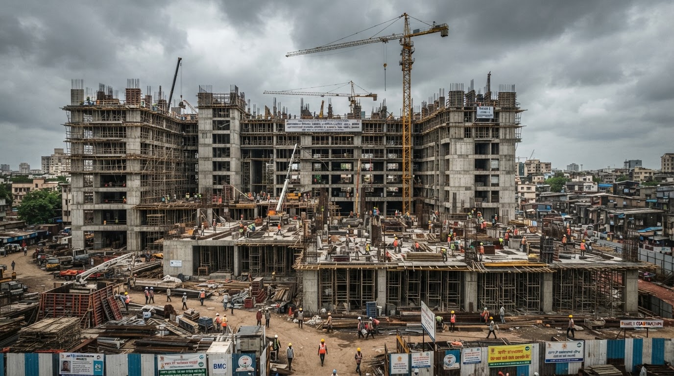 A government hospital building under construction in a Mumbai suburb, scaffolding and cranes against an overcast sky.