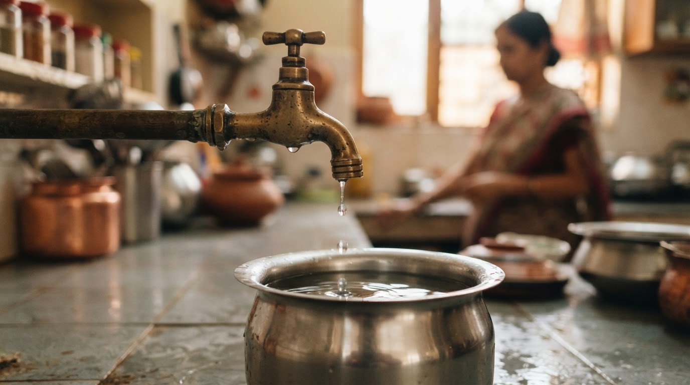 A brass water tap with a slow trickle of water dripping into a stainless steel vessel in soft morning light.
