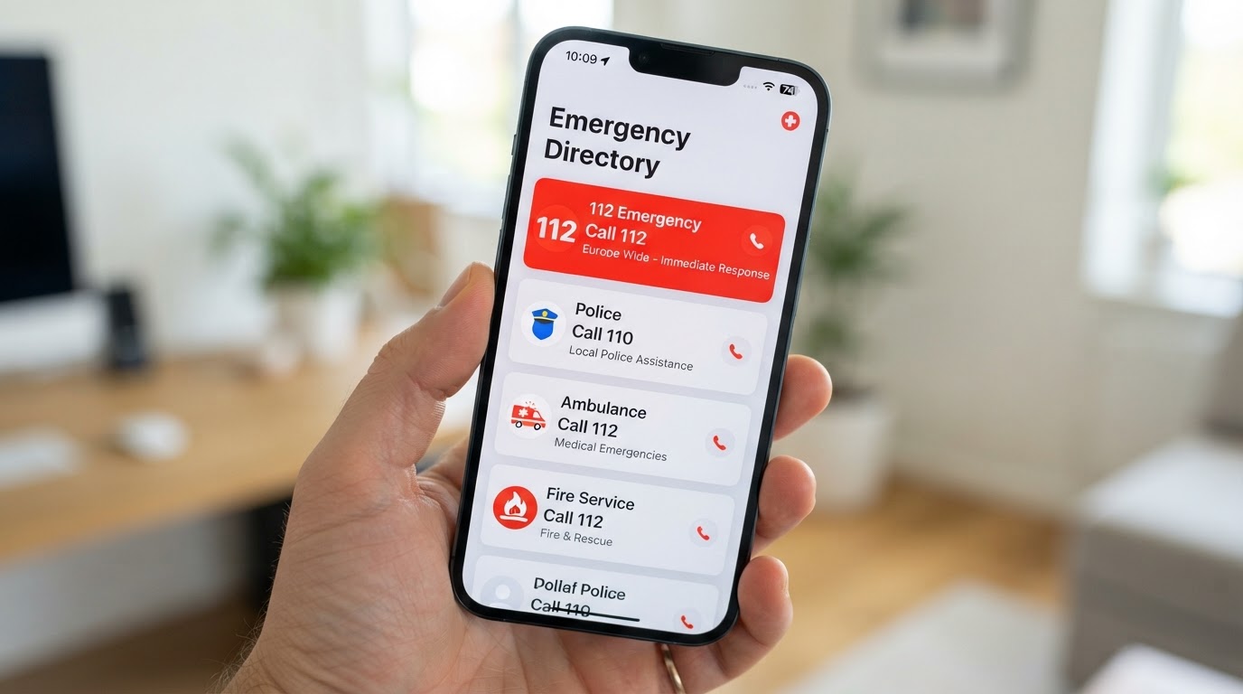 A smartphone showing emergency numbers 112, police, ambulance and fire service icons, representing emergency contacts directory.