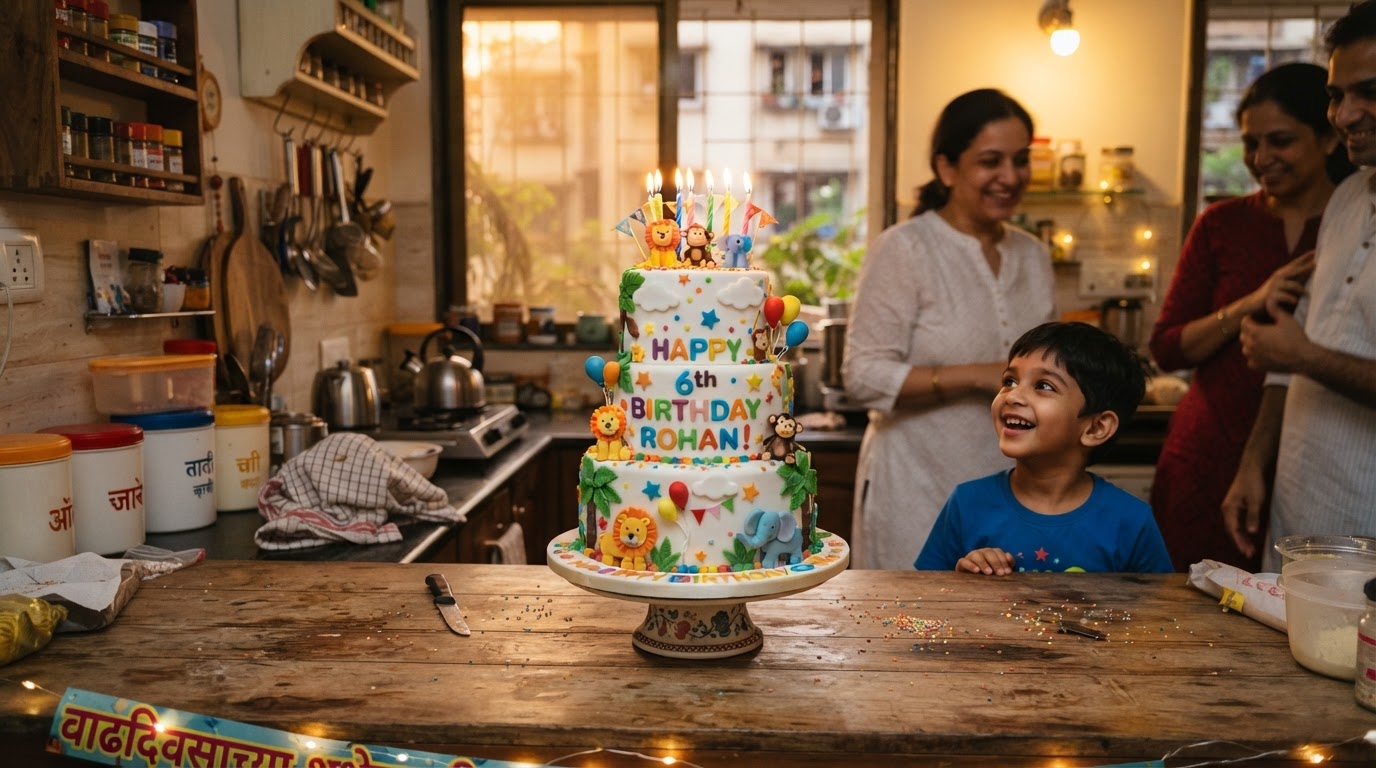 A beautiful custom birthday cake with fondant decoration on a kitchen counter in a Mumbai suburb home — colorful, artistic, celebration cake with candles.