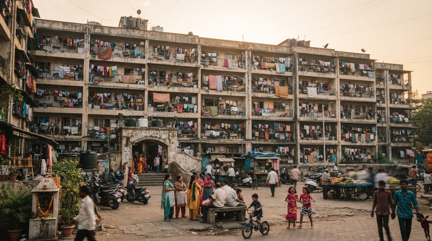 An affordable government housing apartment block in a Mumbai suburb with rows of modest flats and residents at the entrance.