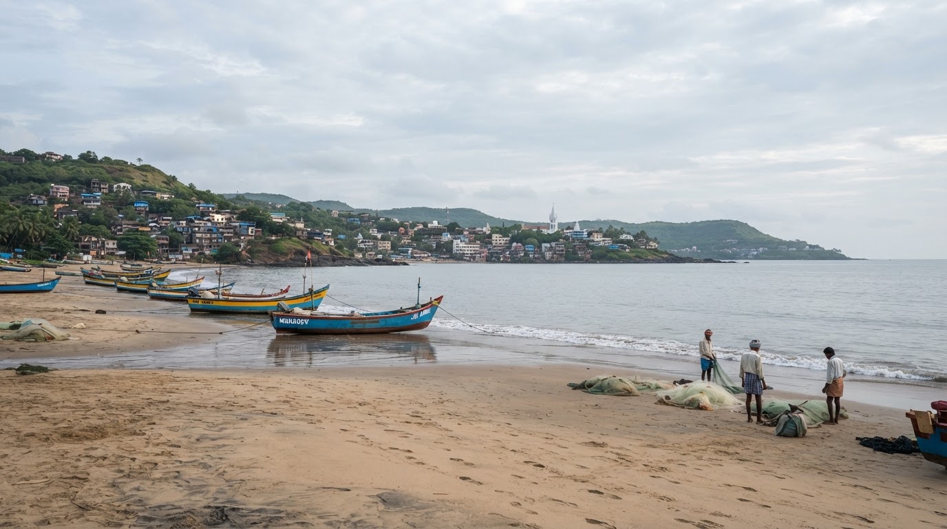 A serene coastal beach scene near Uttan, Maharashtra, with calm sea, fishing boats, a sandy shore, and distant coastal village homes under a soft cloudy sky.