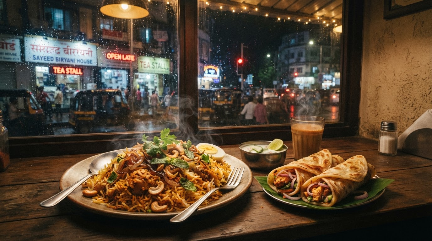 A cozy late-night food scene — a warm plate of biryani and rolls on a table with soft ambient lighting at night, a city street glow visible through a window in a Mumbai suburb.