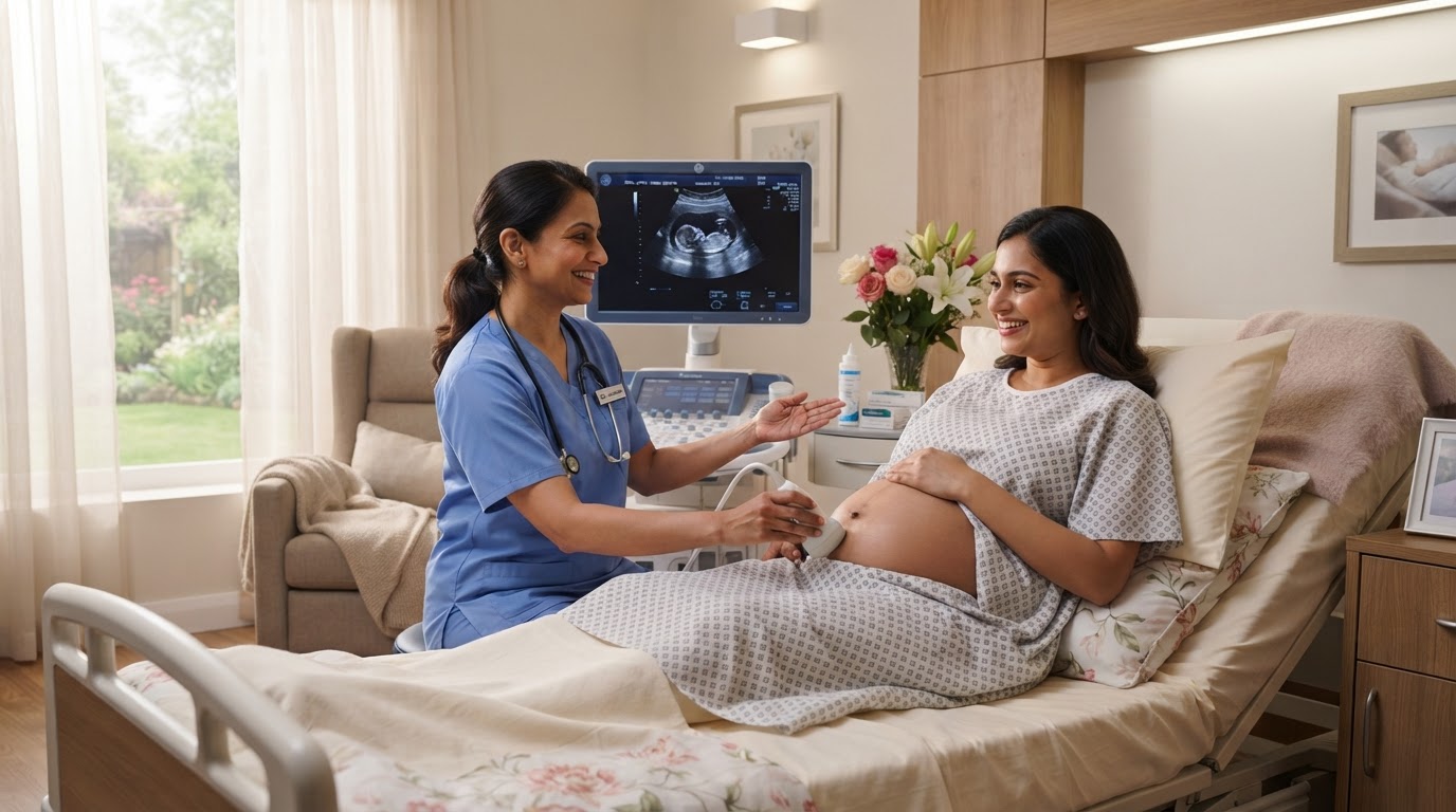 A warm maternity hospital room with a caring Indian female gynaecologist examining a pregnant woman with an ultrasound machine, soft calming lighting, clean modern hospital maternity ward.