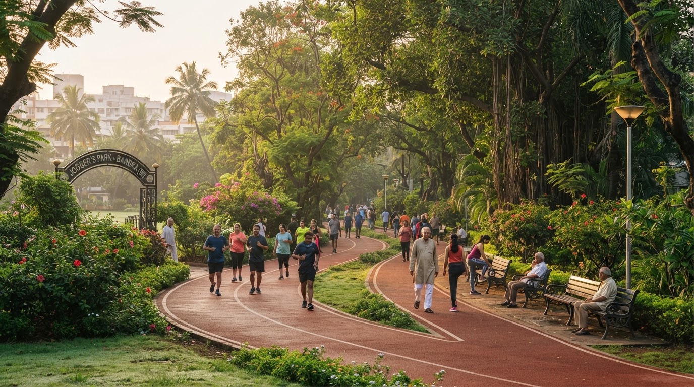 A lush green municipal park in a Mumbai suburb with a jogging track, morning walkers, trees, and benches in soft early morning light.
