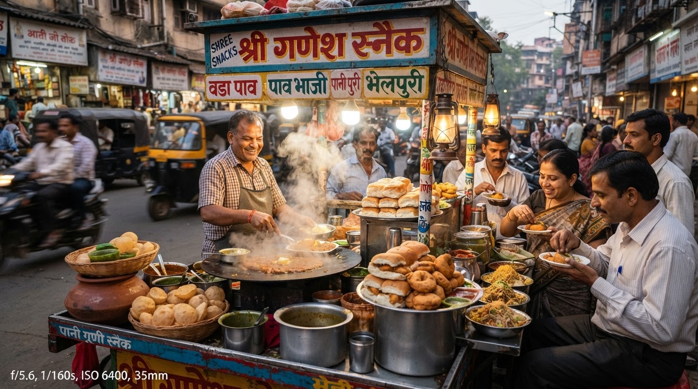 A vibrant Indian street food scene at a Mumbai suburb stall — vada pav, pav bhaji, pani puri and chaat displayed on a colorful cart with steam rising in warm evening light.