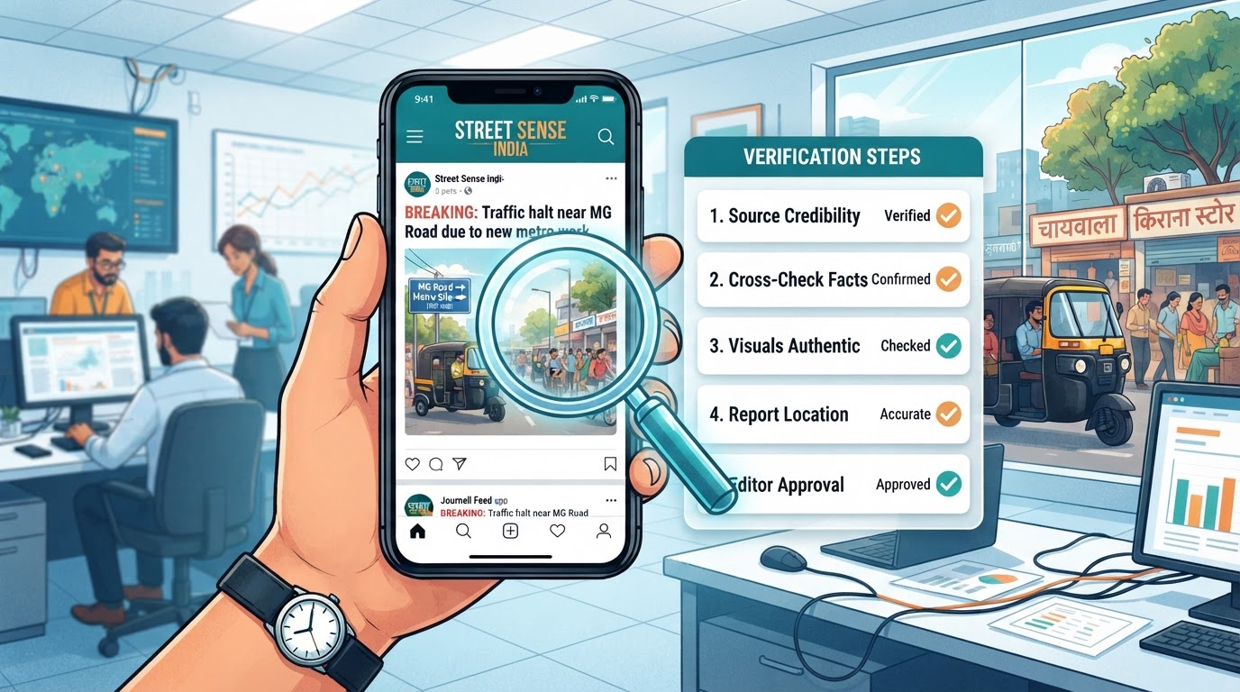 A smartphone showing a news feed with a magnifying glass and a verification checklist, with subtle Indian suburban street elements in the background.