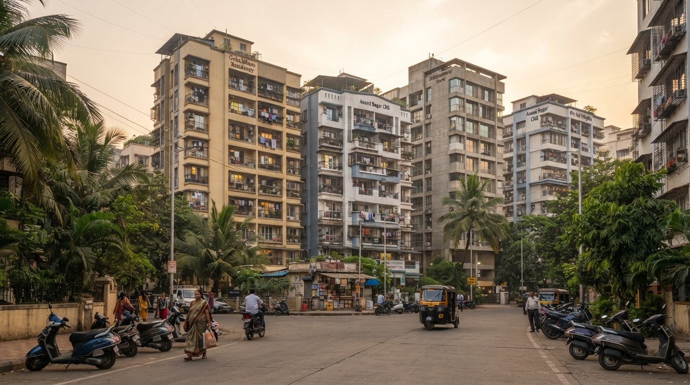 Residential apartment towers in a Mumbai suburb at golden hour, representing property prices in Mira Road.