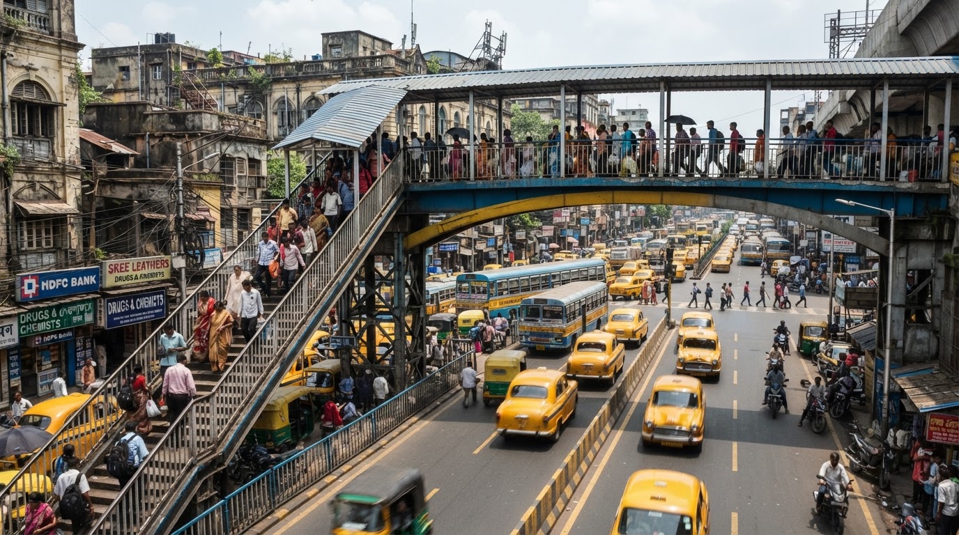A pedestrian foot overbridge crossing a busy road in an Indian city.